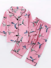 Girls 2pcs Pajamas Top & Pants Crane Print Long Sleeve Button Front PJ Set
