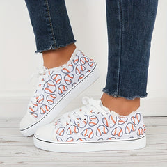 Women's Heart Printed Lace up Canvas Sneakers Outdoor Sports Shoes