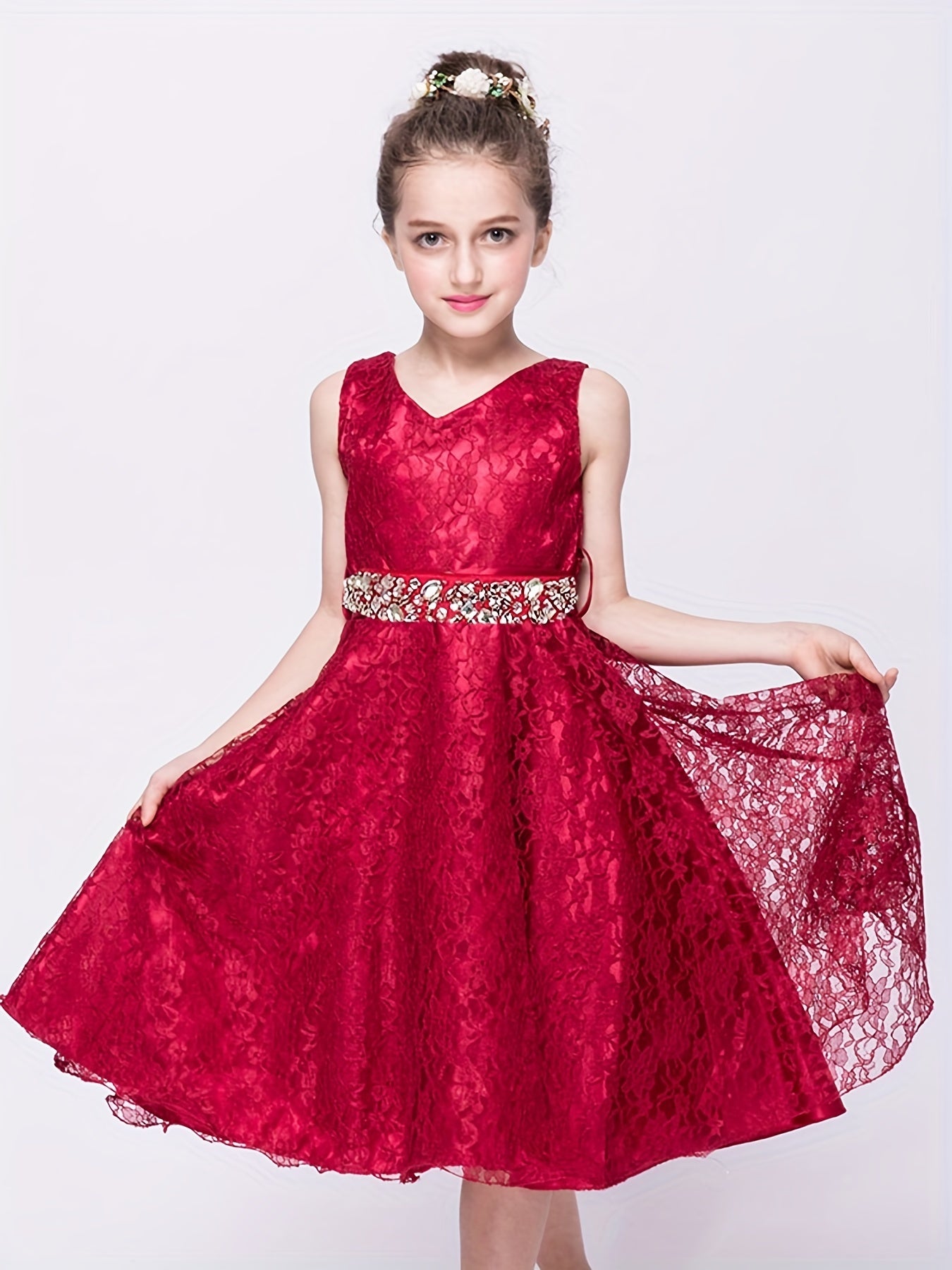 Girls Sleeveless V-neck Lace Flowers Rhinestone Princess Dress