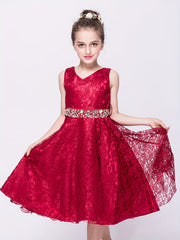 Girls Sleeveless V-neck Lace Flowers Rhinestone Princess Dress