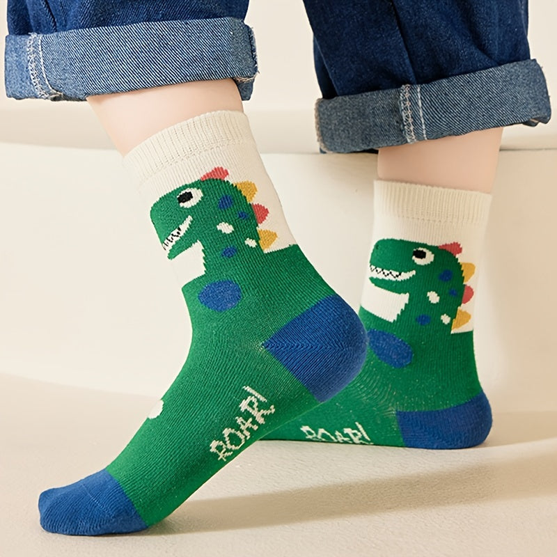 5pairs Boy Skids Dinosaur Pattern Socks, Comfy Anti-odor Students Socks