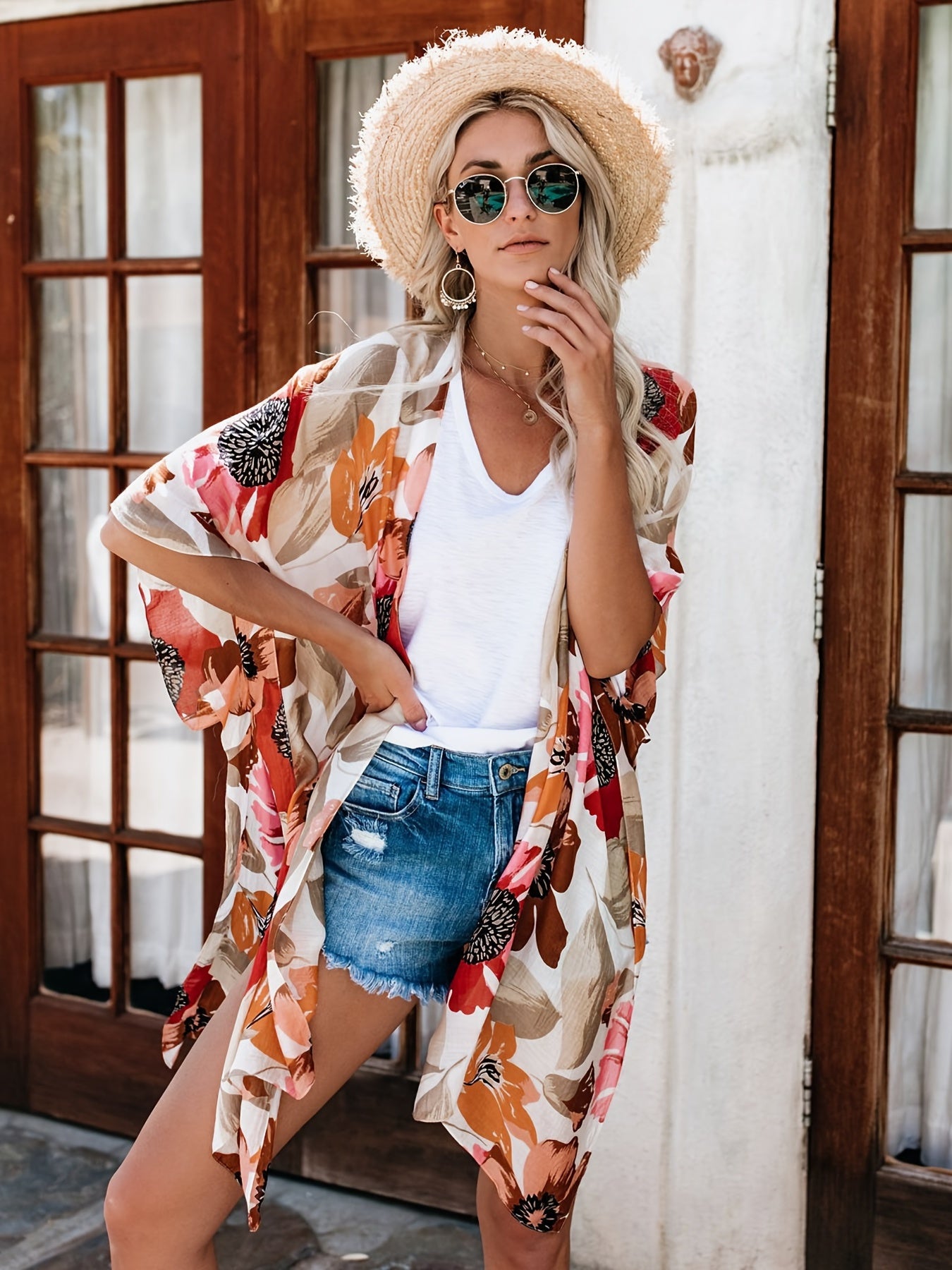 Floral Print V Neck Chiffon Blouse Casual Beachwear Cover Up