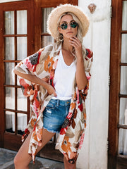 Floral Print V Neck Chiffon Blouse Casual Beachwear Cover Up