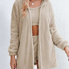 Cozy Lounge Set Long Sleeve Hooded Robe & Tank Top & Shorts