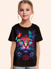 Colorful Tie Dye Cat & Butterfly Short Sleeve T-shirt for Kids