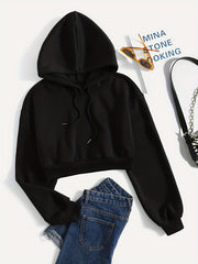 Solid Cropped Hoodies Drawstring Sweatshirt