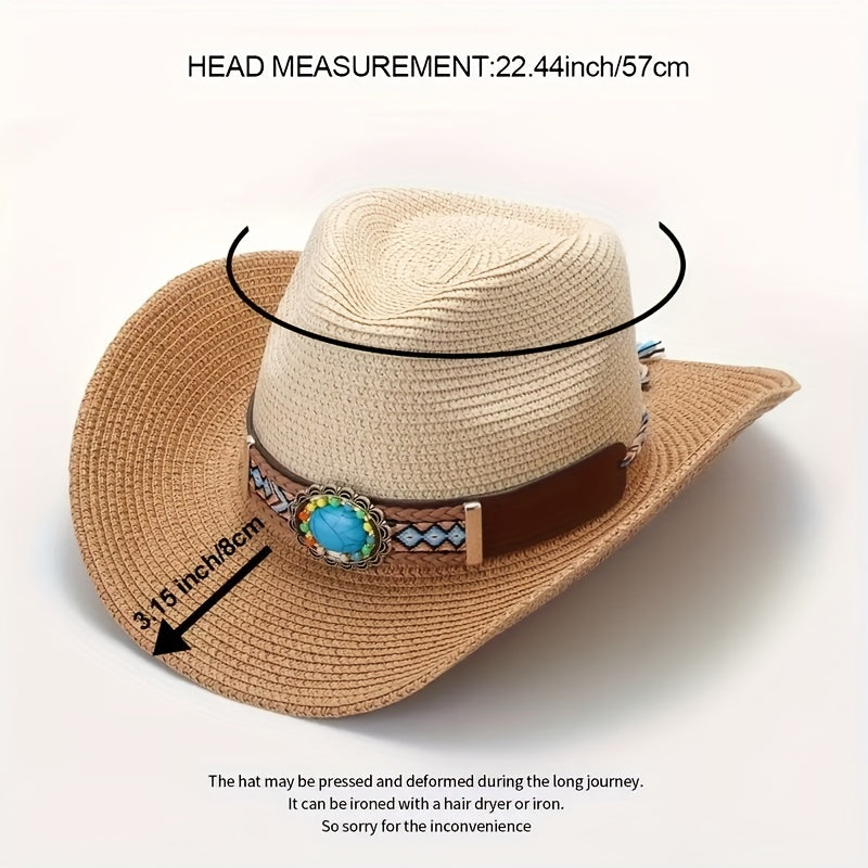 Bohemian Style Inlaid Stone Straw Hat Beach Cowboy Hat