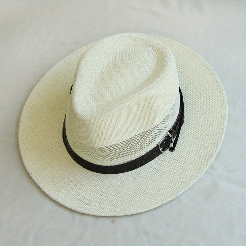 Mesh Hollow Fedora Sun Hat Wide Brim Cowboy Straw Jazz Hat
