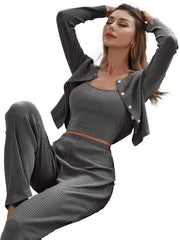 Ribbed 3pc Set Button Cardigan & Cami Top & Pants Outfit