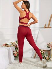 Red Contrast Paneled Corset Bra & Leggings Set with Pockets