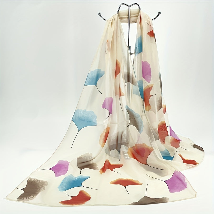 Ginkgo Leaf Print Chiffon Scarf Silk Shawl Windproof Head Wrap