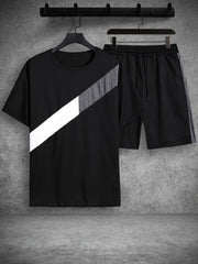 Men's Block Graphic T shirt & Active Drawstring Shorts Set