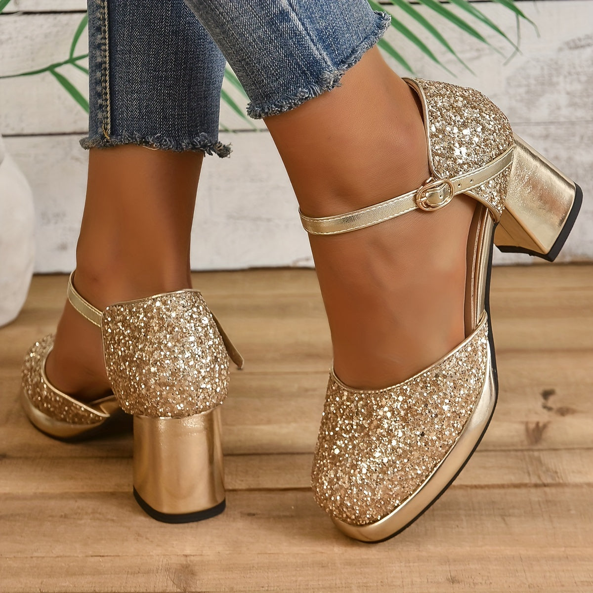 Glitter Sequins Block Heels Buckle Strap Dress Pumps
