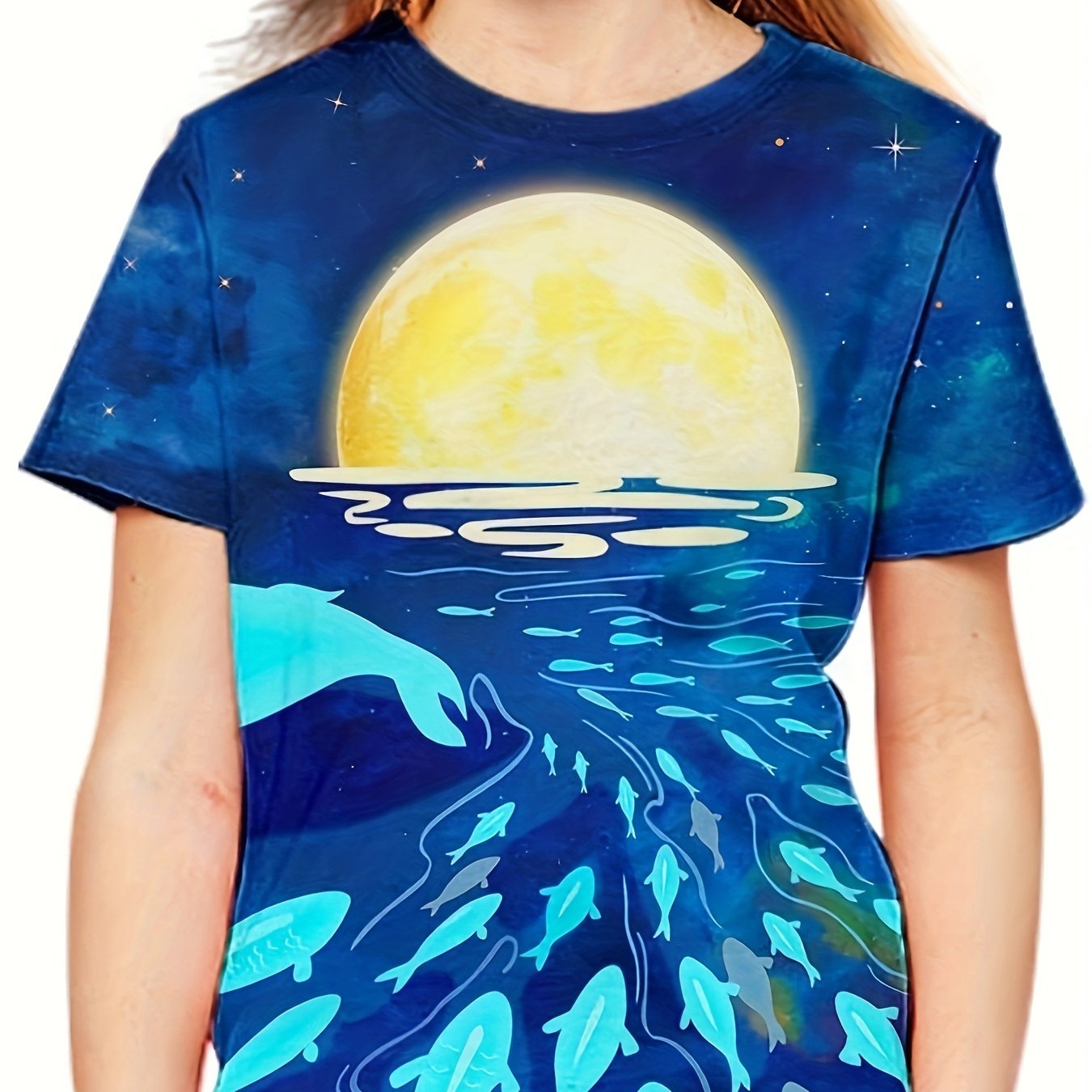 3D Whale Under The Sea Graphic Crew Neck Short Sleeve T shirt Girls Casual