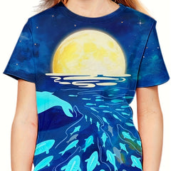 3D Whale Under The Sea Graphic Crew Neck Short Sleeve T shirt Girls Casual