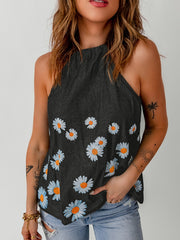 Daisy Floral Print Denim Tank Tops Sleeveless High Round Neck Casual Denim Tops