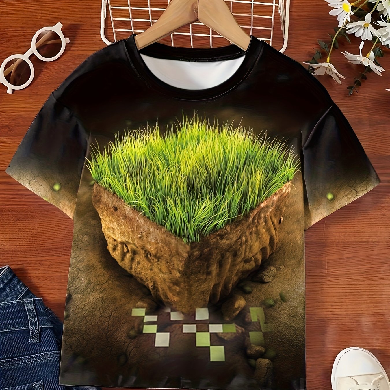 3D Grass Cube Graphic Short Sleeve T shirt For Girls Summer Gift