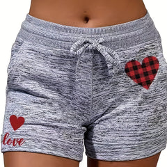Heart & Letter Pattern Drawstring Shorts for Women