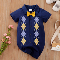 Baby Boys Geometric Cotton Bowtie Romper Jumpsuit