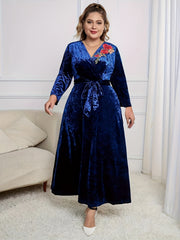 Women's Plus Floral Velvet Maxi Dress with Belt