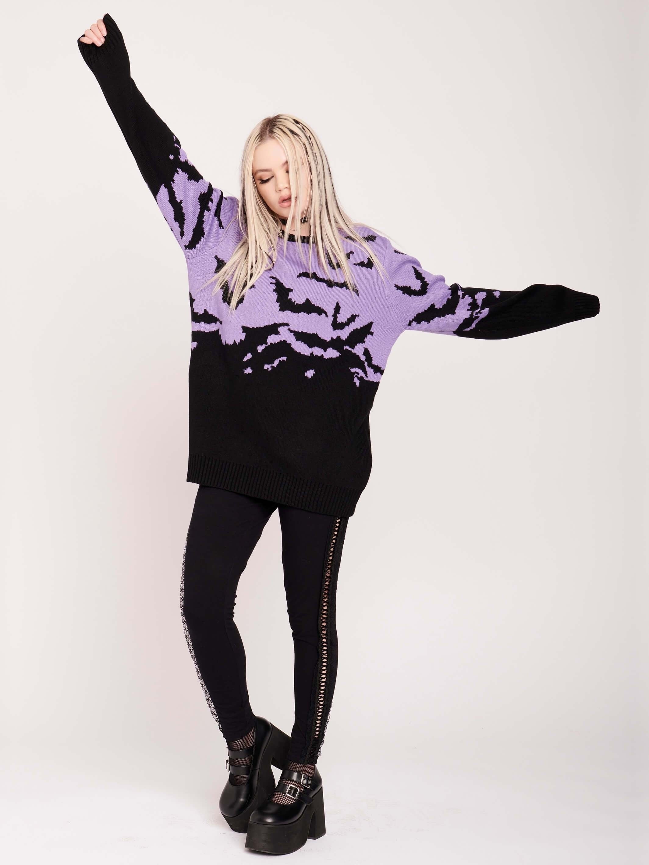 Halloween Batwing Pattern Sweater Long Sleeve Crew Neck Pullover