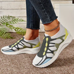 Women's Block Printed Knit Walking Shoes Elastic Slip on Sneakers