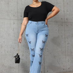 Butterfly Print High Rise Flared Leg Jeans