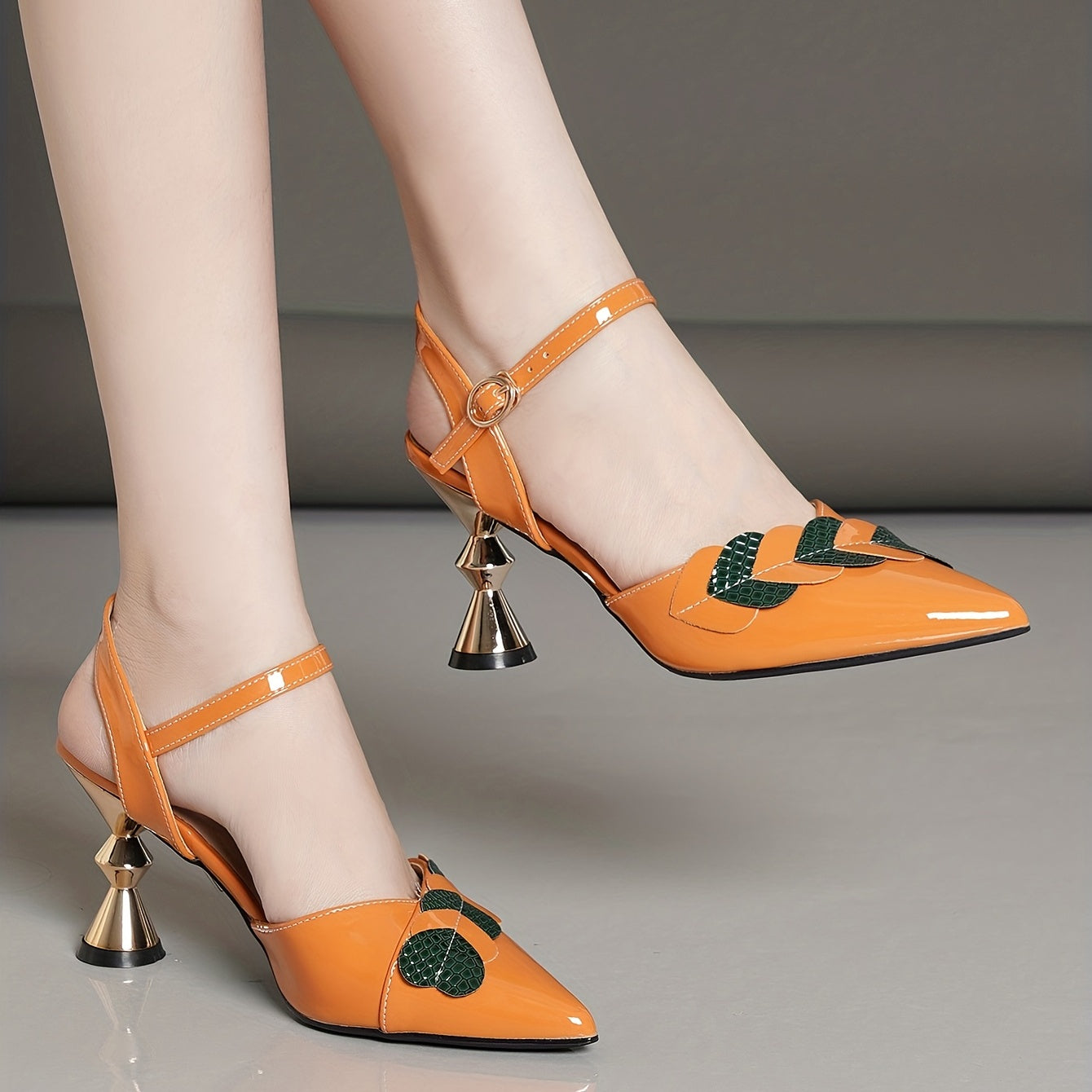 Colorful Heart Ankle Strap Heels Pointed Toe Slingback Pumps