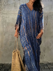 Tie Dye Stripe Cover Up Dress Bat Sleeve Round Neck