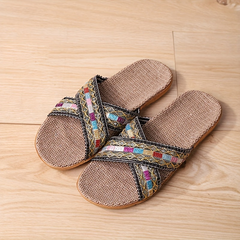 Women's Cross Strap Flat Linen Slides Comfy Ultra Light Open Toe Slip On Shoes