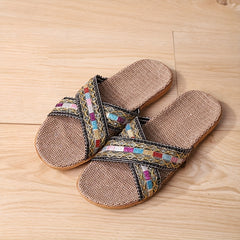 Women's Cross Strap Flat Linen Slides Comfy Ultra Light Open Toe Slip On Shoes
