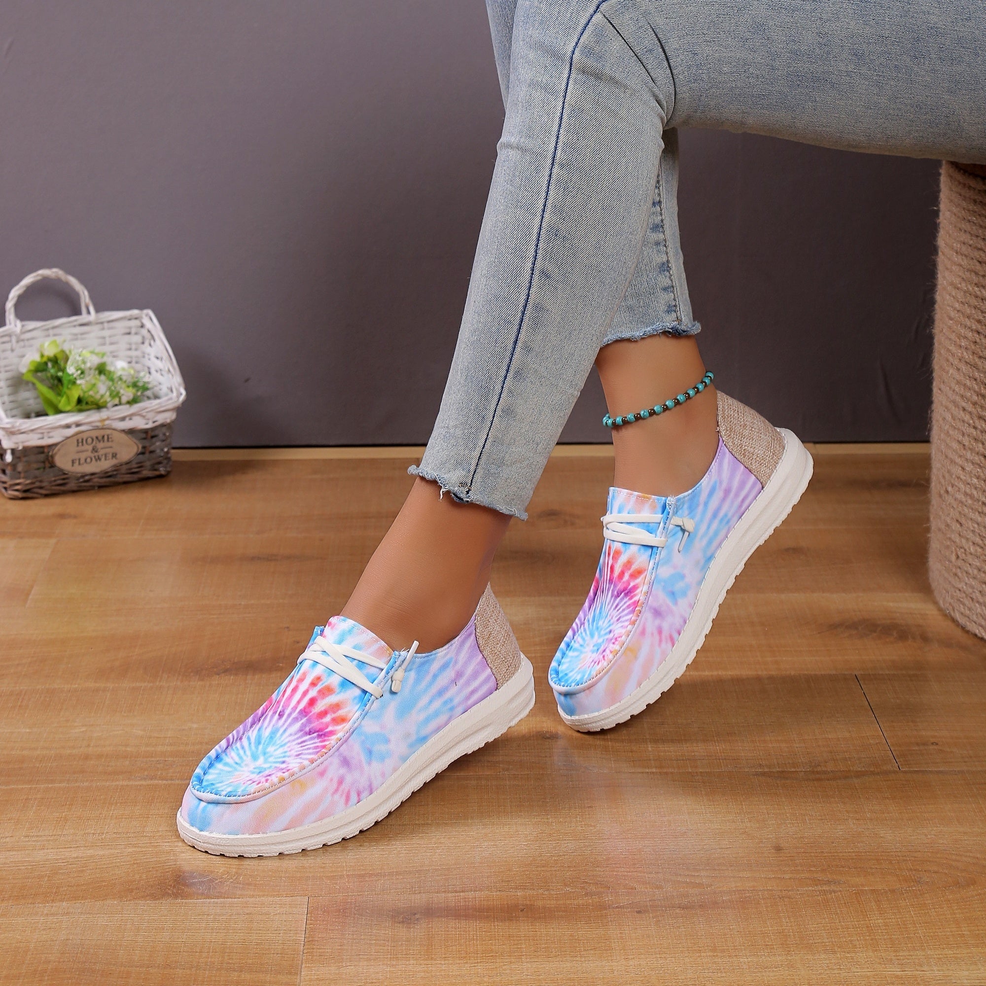 Women's Tie Dye Canvas Shoes Round Toe Slip On Low Top Lightweight Sneakers