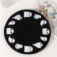 Ghost Embroidery Woolen Beret Women's Hat Painter Hat Winter Warm Beret Hat Cap