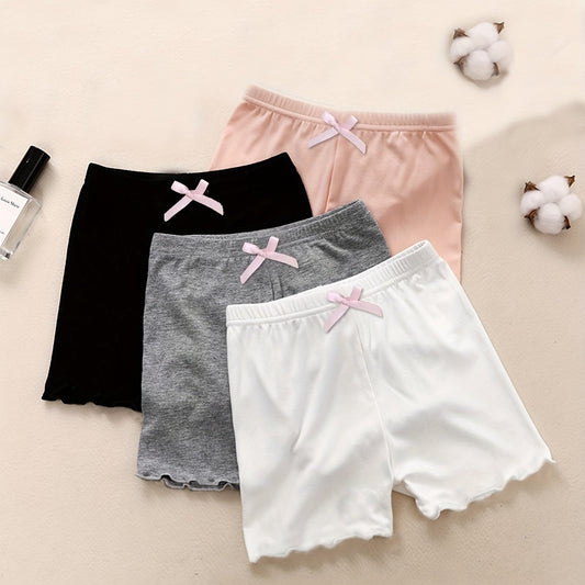 4pcs Toddler Girls Frill Trim Bow Waist Cotton Shorts Set
