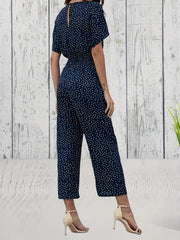 Pin Dot Print Cropped Jumpsuit Casual V Neck Short Sleeve Wide Leg Jumpsuit