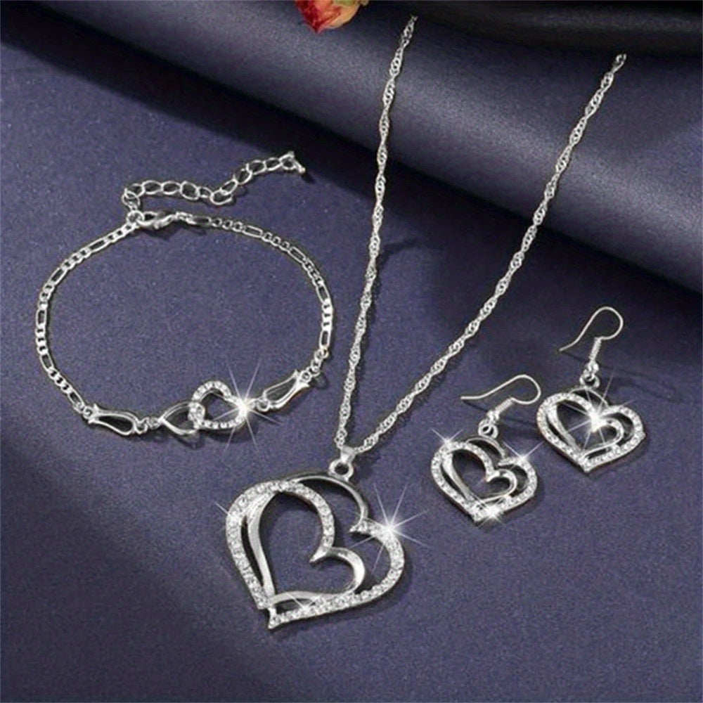 Heart Pendant Jewelry Set Rhinestone Decor Necklace Bracelet Earrings