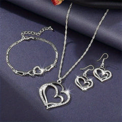 Heart Pendant Jewelry Set Rhinestone Decor Necklace Bracelet Earrings
