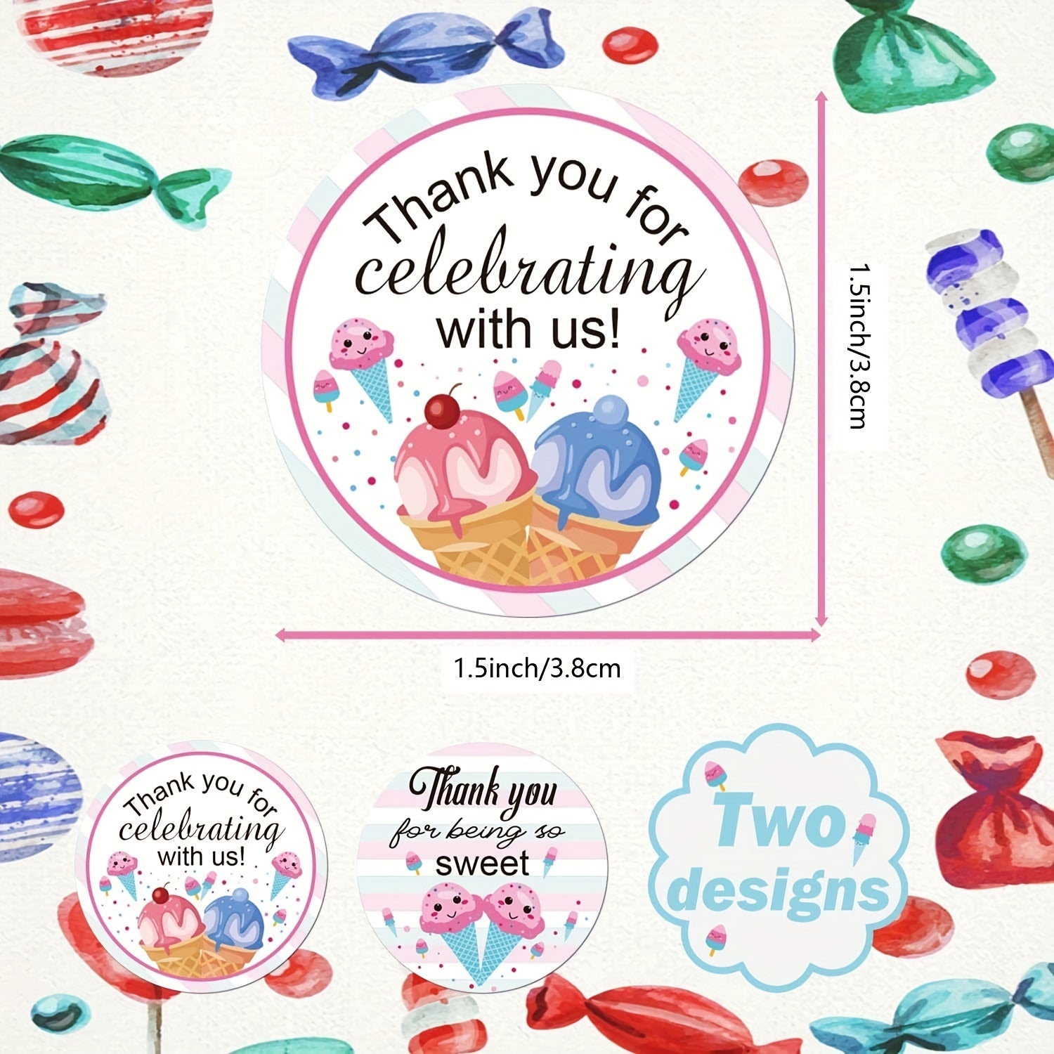 Ice Cream Thank You Stickers 500pcs - Birthday Party Themed Labels