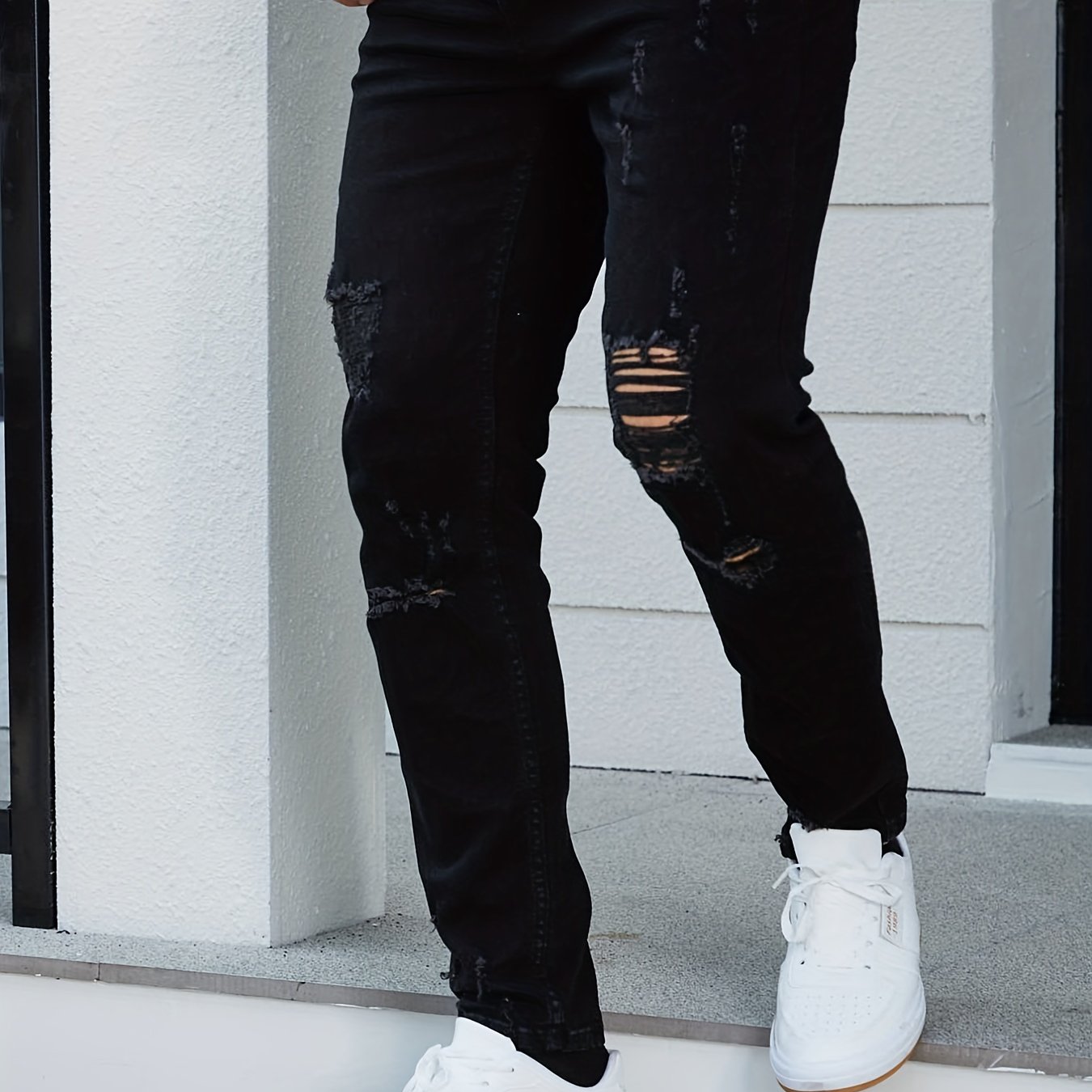 Slim Fit Ripped Cotton Jeans Mens Casual Street Style Distressed Mid Stretch Den