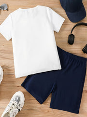 Boys Football Graphic Casual Outfit T-shirt & Shorts For Summer Kids