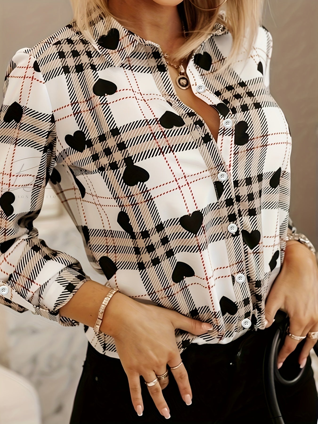 Plaid & Heart Print Button Up Roll Up Long Sleeve Shirt Top