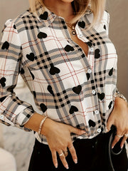 Plaid & Heart Print Button Up Roll Up Long Sleeve Shirt Top