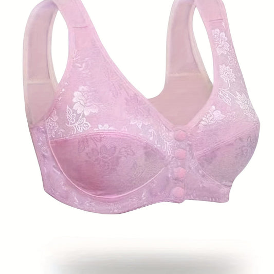 Floral Jacquard Button Front Soft Lace Bra
