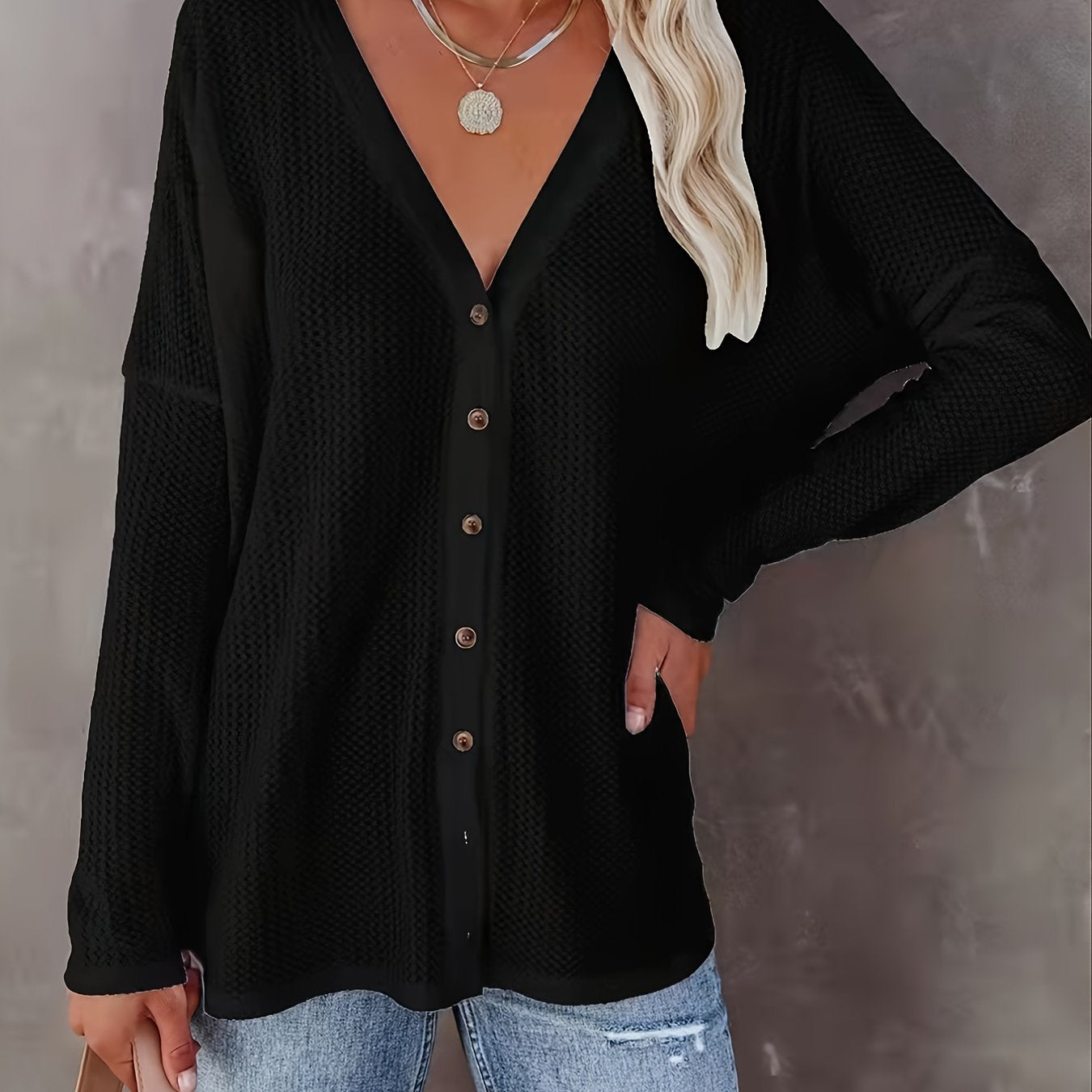 V Neck Button Cardigan Drop Shoulder Long Sleeve