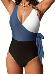 Colorblock Plus Size V Neck One Piece Swimsuit