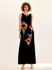 Abstract Face Print Maxi Dress Notched Neck Sleeveless Casual Dress