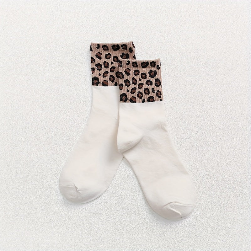 6 Pairs Leopard Print Mid Tube Socks Breathable Women's Stockings