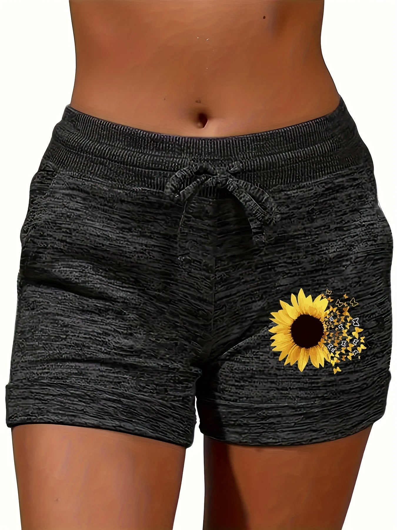 Sunflower Print Drawstring Shorts for Women