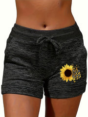 Sunflower Print Drawstring Shorts for Women