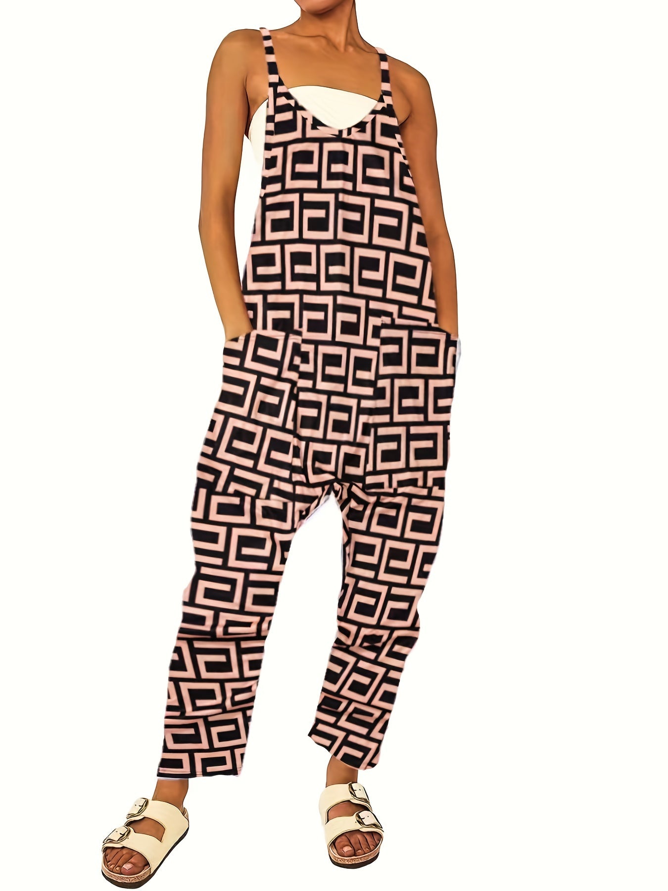 Geo Print Pockets Overall Jumpsuit for Women